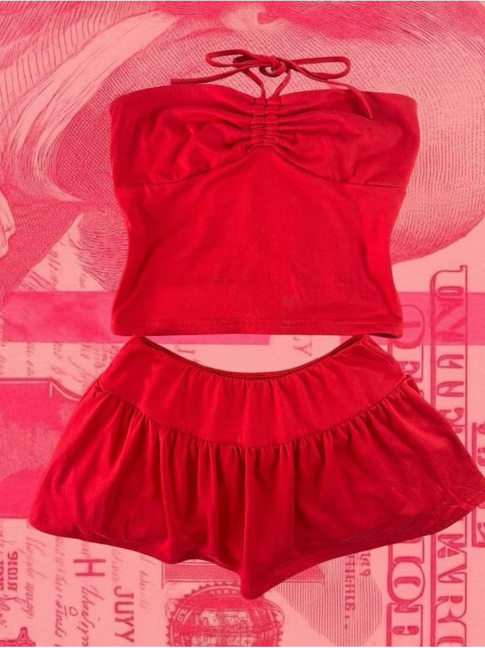 red halter tube top and skirt / skort set with built in shorts